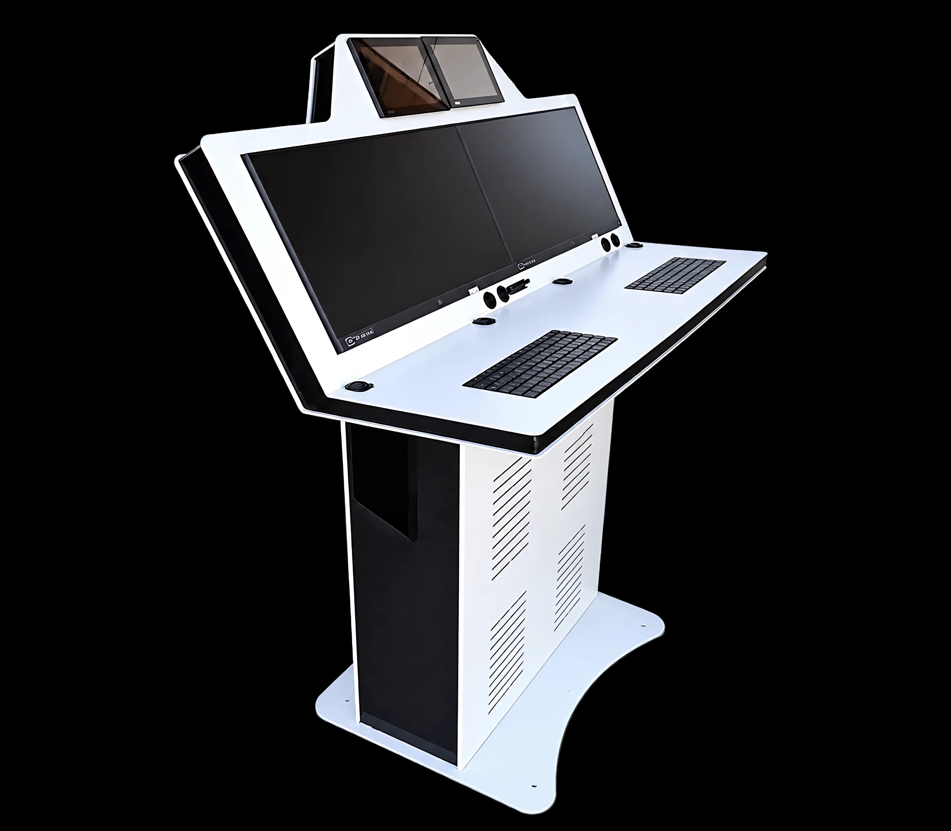 White wide lecturer station with two large displays, two small upper displays and two keyboards