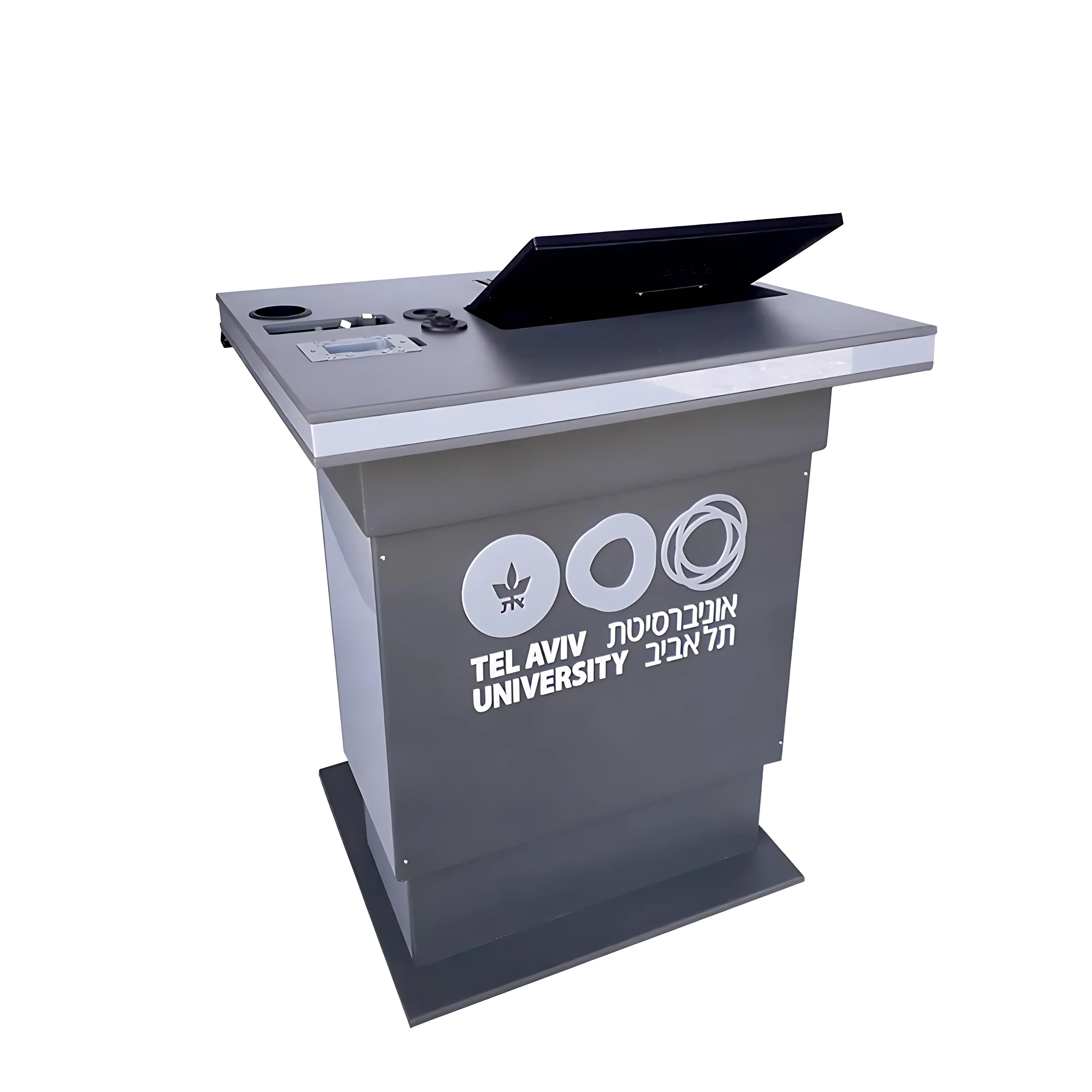 Grey smart accessible podium for Tel Aviv University with an integrated display