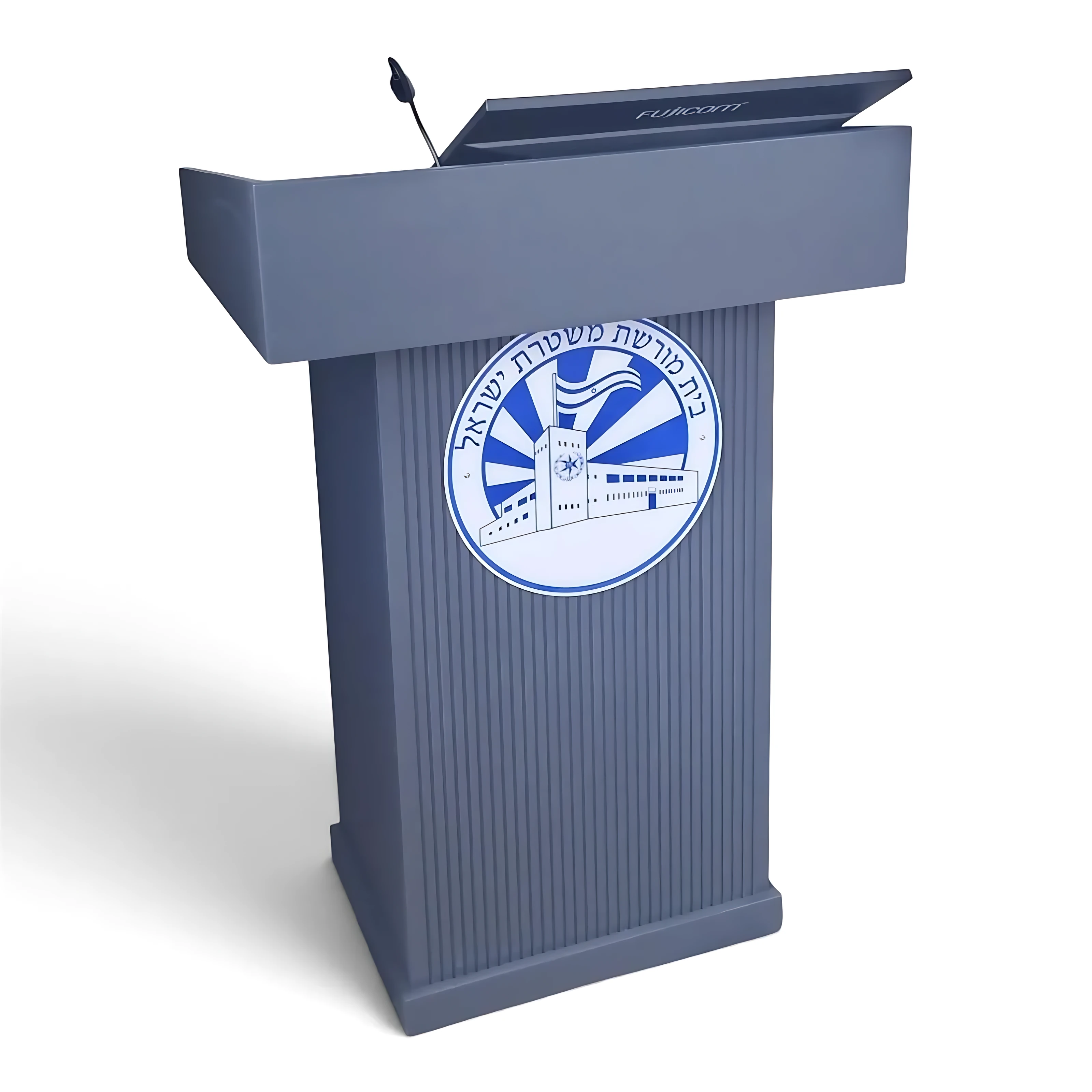 Premium grey lecturer podium with an integrated display and microphone